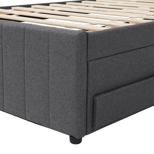 Upholstered Platform Bed with Trundle and 3 Drawers, Linen Fabric