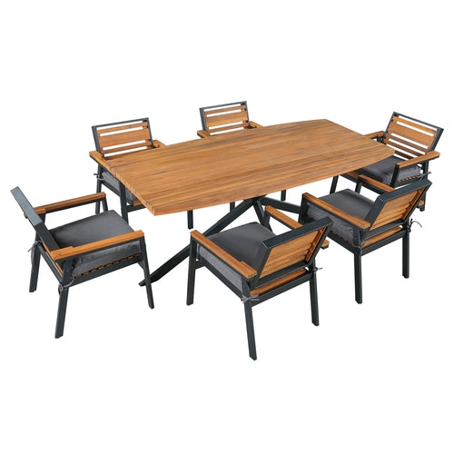 Modern 7-Piece Dining Set, Acacia Wood with Iron Frame, 6 Chairs with