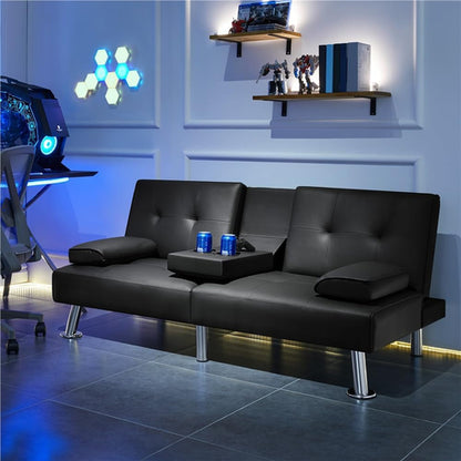Convertible Sofa Bed Black Faux Leather With Cup Holders