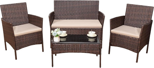 4 Piece PE Rattan Patio Furniture Set With Beige Cushions