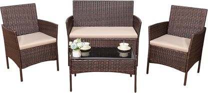 4 Piece PE Rattan Patio Furniture Set With Beige Cushions