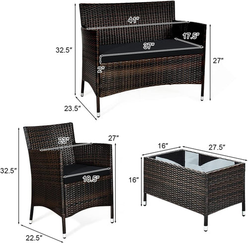 4 Piece Rattan Patio Set With Tempered Glass Table