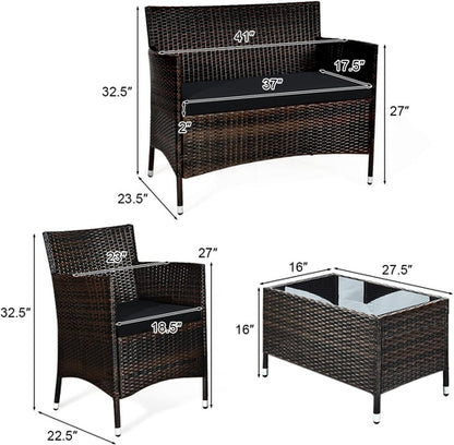 4 Piece Rattan Patio Set With Tempered Glass Table