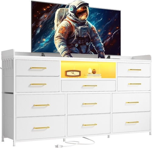 White Dresser TV Stand 60 Inch With LED And 11 Drawers