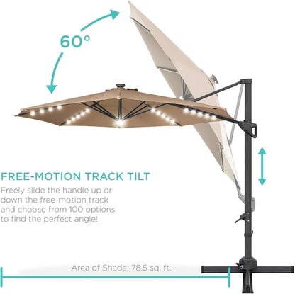 10 Foot Solar LED Cantilever Patio Umbrella With Lights Cross Base For
