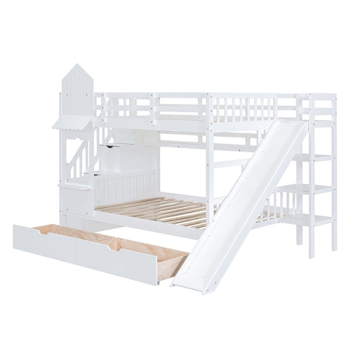 Full-Over-Full Castle Style Bunk Bed with 2 Drawers, 3 Shelves and