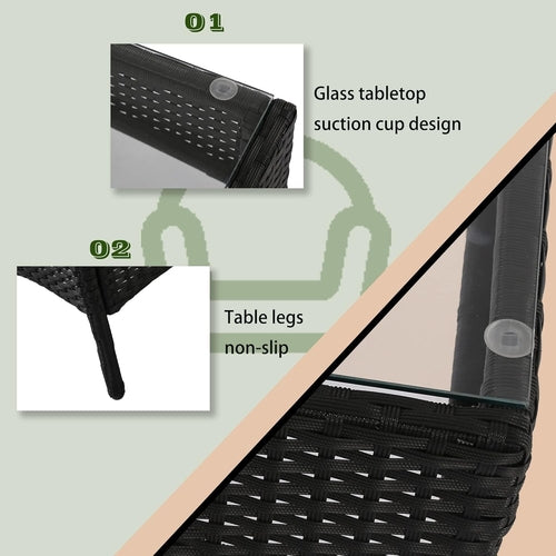 4 Piece Rattan Patio Set With Glass Table Black Cushions