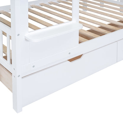 Full-Over-Full Castle Style Bunk Bed with 2 Drawers, 3 Shelves and