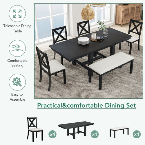 Farmhouse 82inch 6-Piece Extendable Dining Table with Footrest, 4