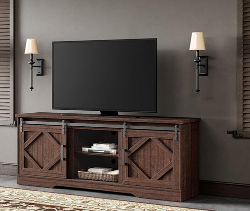 75 Inch Rustic Brown Barn Door TV Stand With Storage