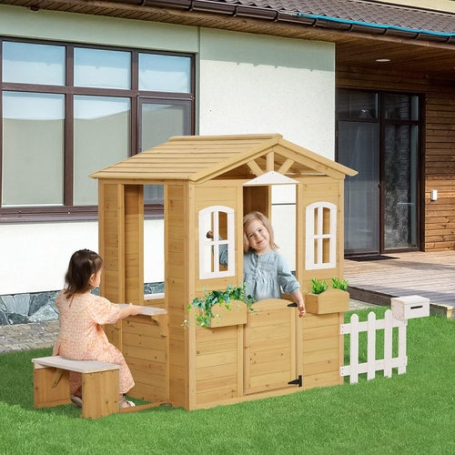 Kids Outdoor Wood Playhouse With Working Door And Windows