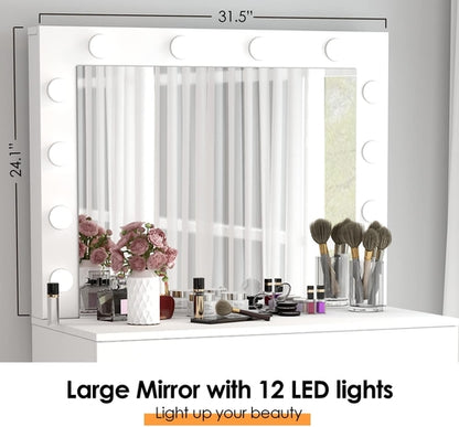 White Vanity Table With Lighted Mirror And Large Drawer