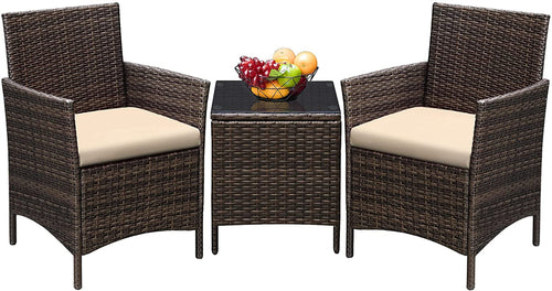 3 Piece Outdoor Rattan Furniture Set With Cushions And Glass Coffee