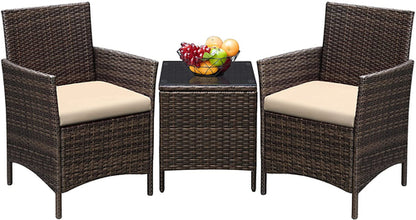 3 Piece Outdoor Rattan Furniture Set With Cushions And Glass Coffee