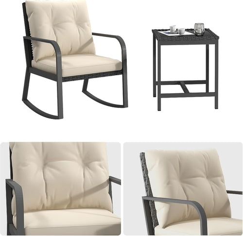 Three Piece Patio Bistro Set With Rocking Chairs And Cushions Beige