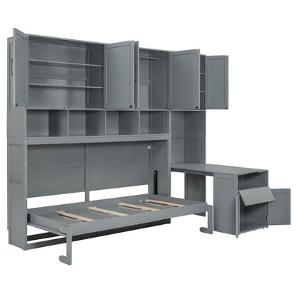 Twin Size Murphy Bed Wall Bed with Closet , Drawers & Desk-Gray
