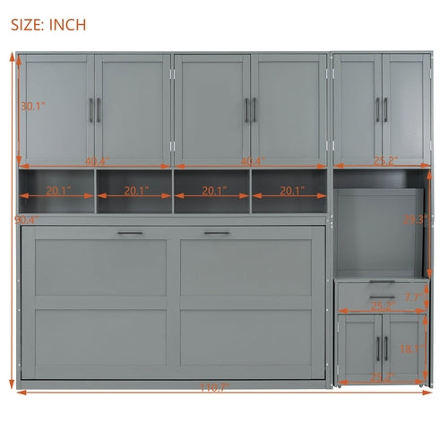 Twin Size Murphy Bed Wall Bed with Closet , Drawers & Desk-Gray