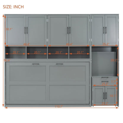 Twin Size Murphy Bed Wall Bed with Closet , Drawers & Desk-Gray