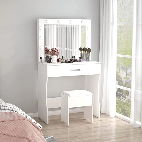 White Vanity Table With Lighted Mirror And Large Drawer