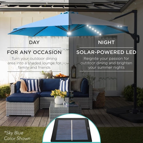 10 Foot Solar LED Cantilever Patio Umbrella With 360 Degree Rotation