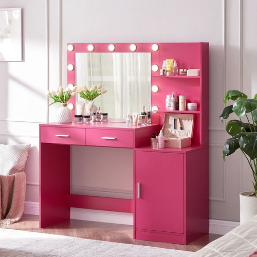 Rose Pink Vanity Desk with Mirror and Lights, Eco-Friendly Particle