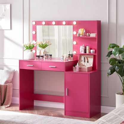 Rose Pink Vanity Desk with Mirror and Lights, Eco-Friendly Particle