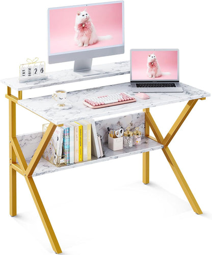 27.5 Inch Computer Desk With Monitor Stand And Storage White Marble