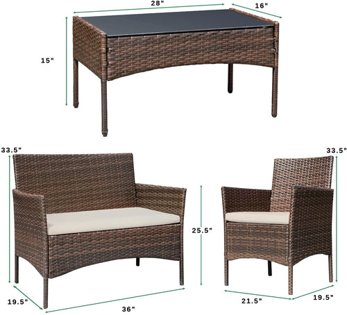4 Piece Wicker Patio Set With Glass Table Beige Cushions