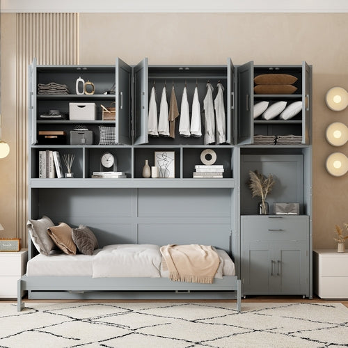 Twin Size Murphy Bed Wall Bed with Closet , Drawers & Desk-Gray
