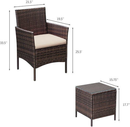 3 Piece Outdoor Rattan Furniture Set With Cushions And Glass Coffee
