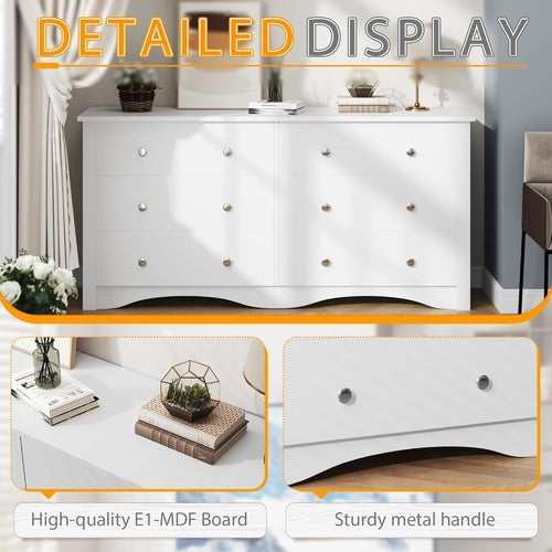 6 Wood Drawers Dresser for Bedroom, Double Dresser for TV up to 65