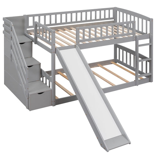 Stairway Twin over Twin Bunk Bed with Two Drawers and Slide, Gray