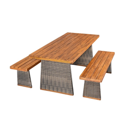 Outdoor 3 Piece Acacia Wood Dining Set with Handwoven Rattan Legs