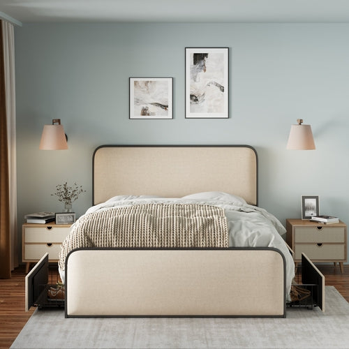 Modern Metal Bed Frame with Upholstered Curved Headboard and