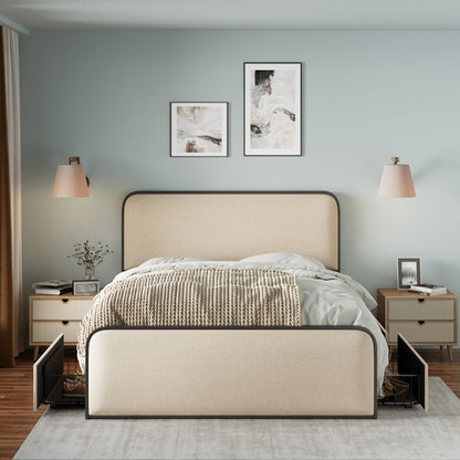 Modern Metal Bed Frame with Upholstered Curved Headboard and