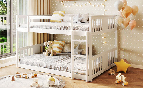 Bunk Bed Full Over Full White Solid Wood with Ladder and Storage for