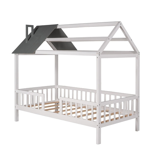 Twin Size Wood House Bed with Fence,White+Gray