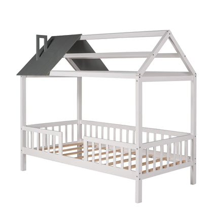 Twin Size Wood House Bed with Fence,White+Gray