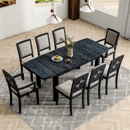 Rustic Extendable Dining Table Set with Removable Leaf, 6 Upholstered