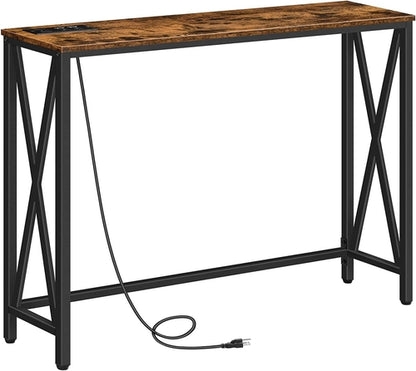 Rustic Brown Sofa Table With Power Outlet And USB Ports
