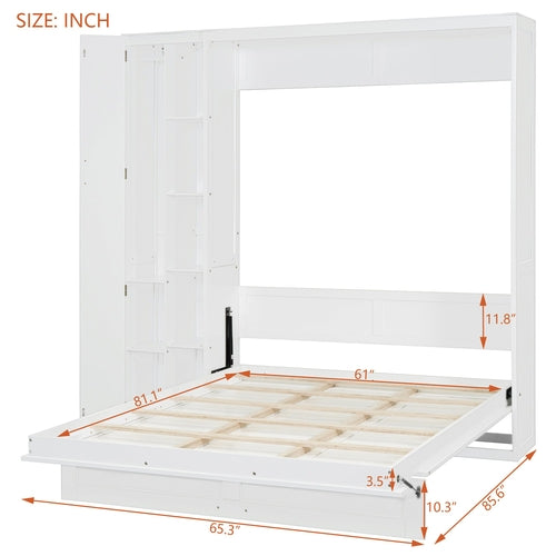 Queen Size Murphy Bed Wall Bed with Shelves, Wardrobe and LED Lights