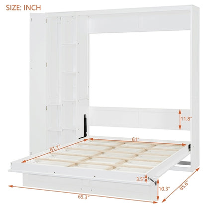 Queen Size Murphy Bed Wall Bed with Shelves, Wardrobe and LED Lights