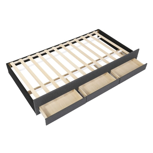 Upholstered Platform Bed with Trundle and 3 Drawers, Linen Fabric