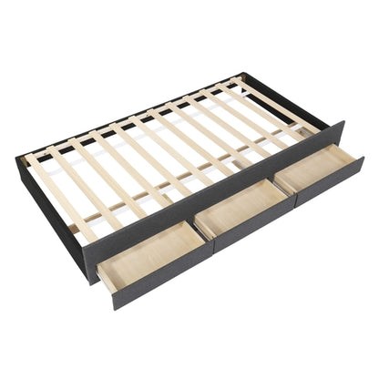 Upholstered Platform Bed with Trundle and 3 Drawers, Linen Fabric