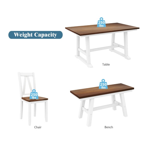 6-Piece Wood Dining Table Set with Long Bench and 4 Dining Chairs,