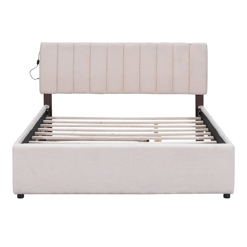 Teddy Fleece Queen Size Upholstered Platform Bed with Twin XL Trundle