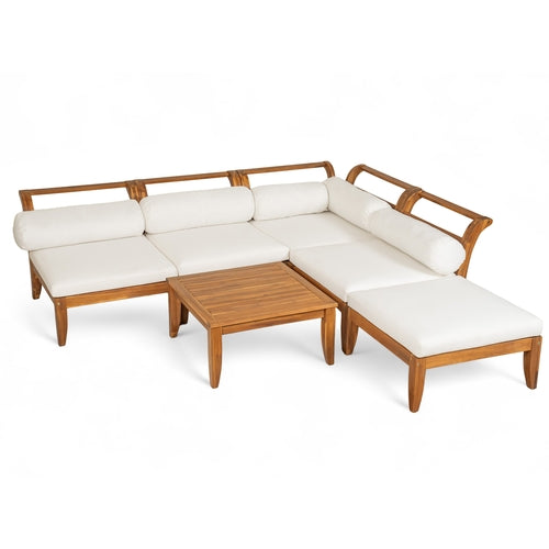 6 Piece Patio Sofa Set, Acacia Wood Outdoor Modular Sectional Garden