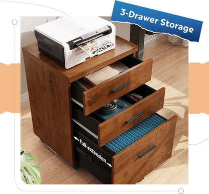 Walnut 3 Drawer File Cabinet For Home Office Under Desk With Rolling