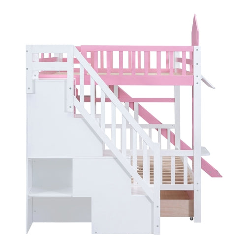Full-Over-Full Castle Style Bunk Bed with 2 Drawers, 3 Shelves and