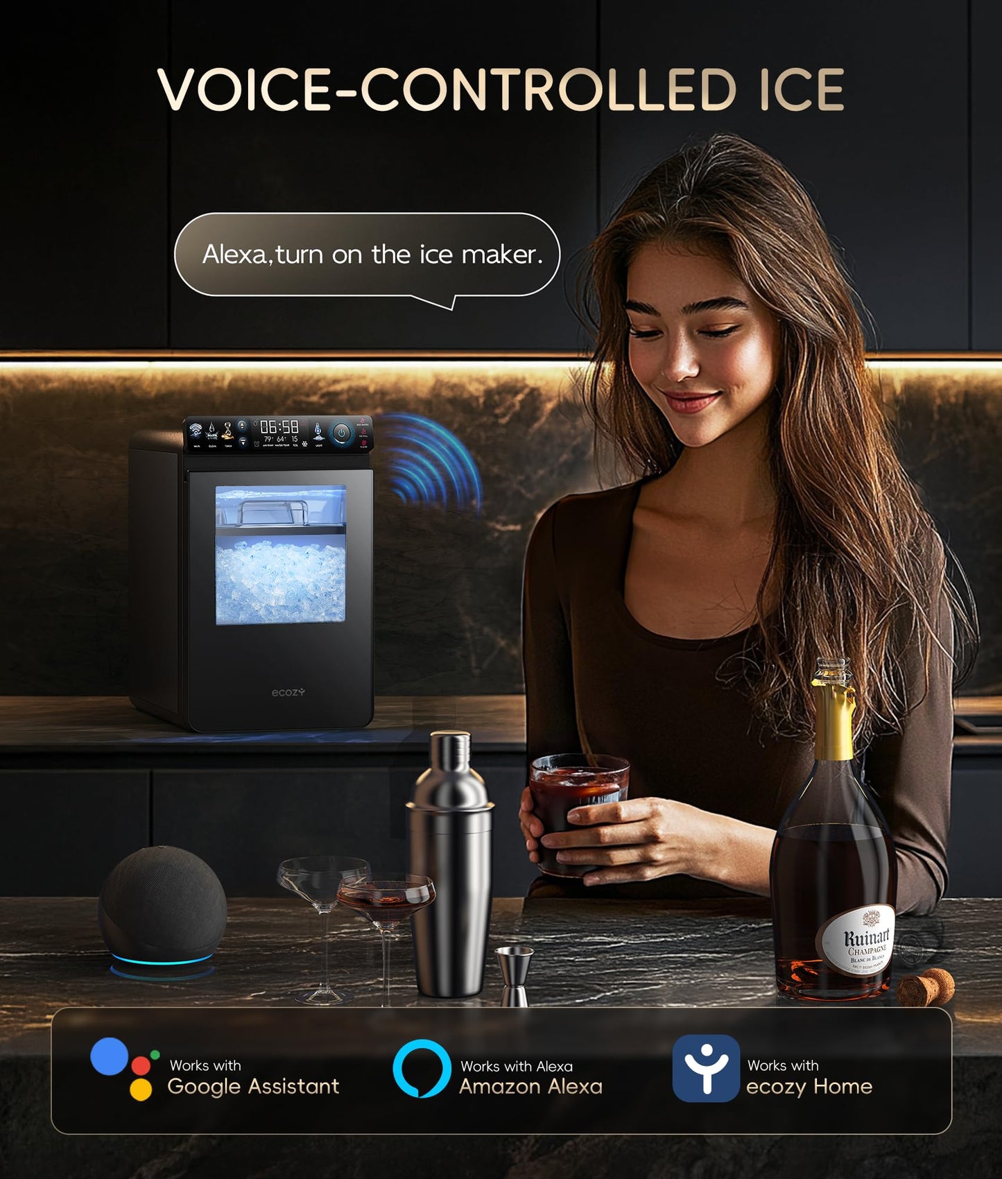 ecozy Nugget Ice Maker Countertop, First Full-Color Smart Panel 44 lbs/24H Ice Machine with APP & Voice Control, Double-Layer Insulation, Pull-Out Water Tank, Soft Pebble Chewable Ice, Self-Cleaning